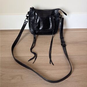 Rebecca Minkoff Black Crocodile Leather Saddle Bag Crossbody Weave EUC